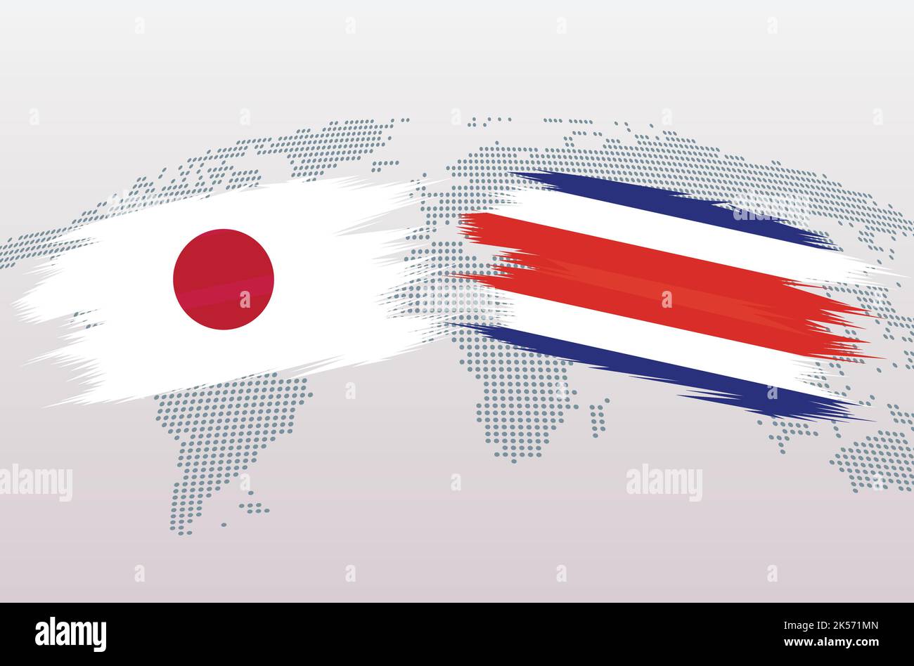 Giappone vs Costa Rica pallone da calcio in disegno bandiera sulla mappa del mondo sfondo per torneo di calcio, vettore per modello di partita sportiva o banner. Illustrazione Vettoriale