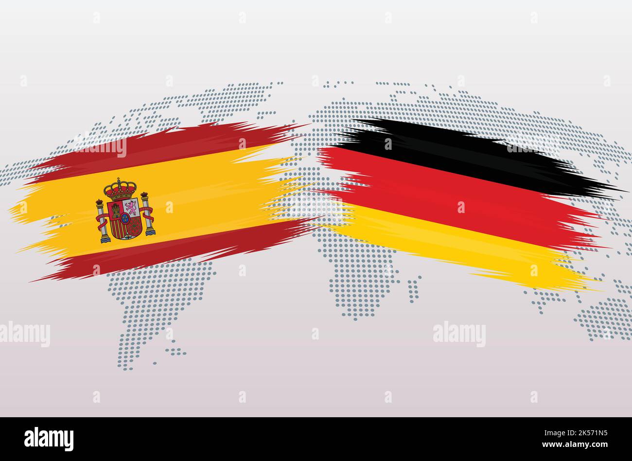Spagna vs Germania palla di calcio in bandiera design sulla mappa del mondo sfondo per il torneo di calcio, vettore per modello di partita sportiva o banner. Illustrazione Vettoriale