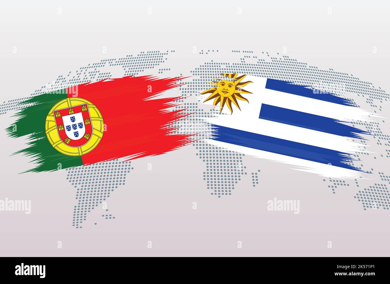Portogallo vs Uruguay calcio palla in bandiera design sulla mappa del mondo sfondo per il torneo di calcio, vettore per lo sport match template o banner. Illustrazione Vettoriale