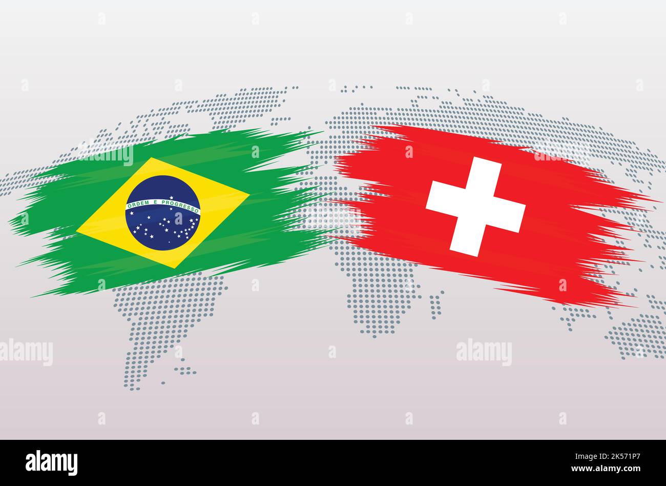 Brasile vs Svizzera palla di calcio in bandiera design sulla mappa del mondo sfondo per il torneo di calcio, vettore per modello di partita sportiva o banner. Illustrazione Vettoriale