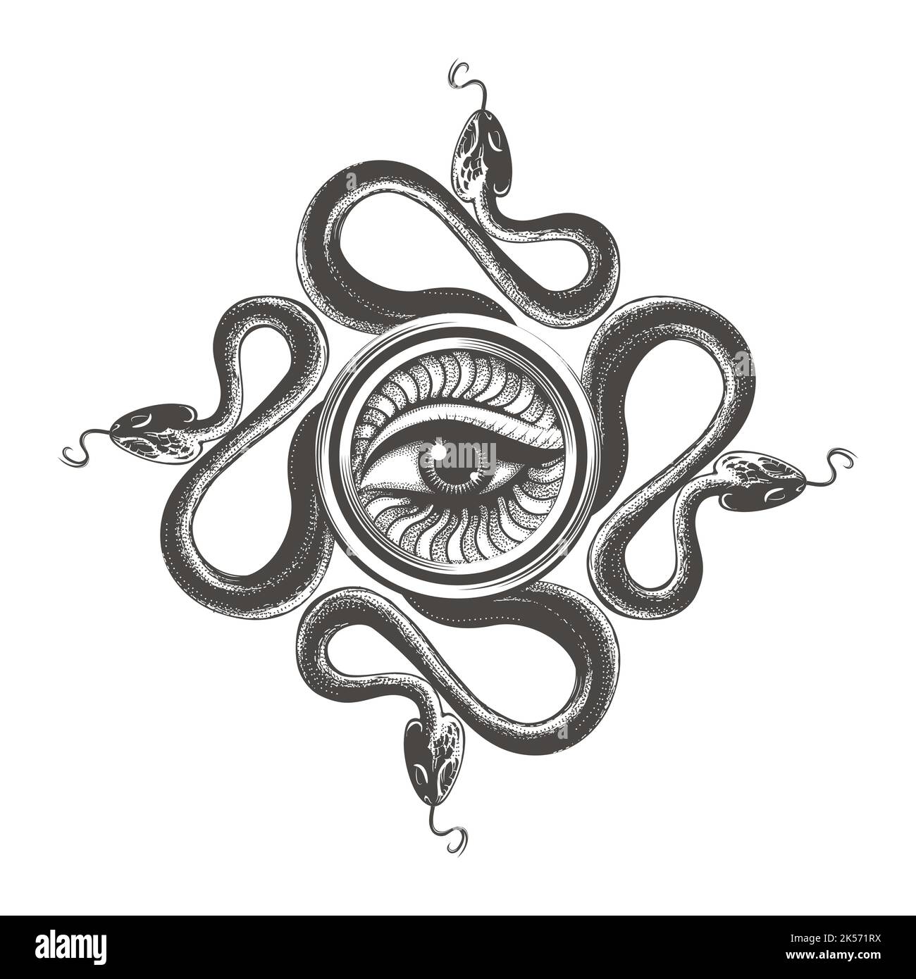 Tatuaggio di tutti gli occhi di saggezza e Croce di serpenti. Illustrazione esoterica del vettore medievale isolato su bianco. Illustrazione Vettoriale