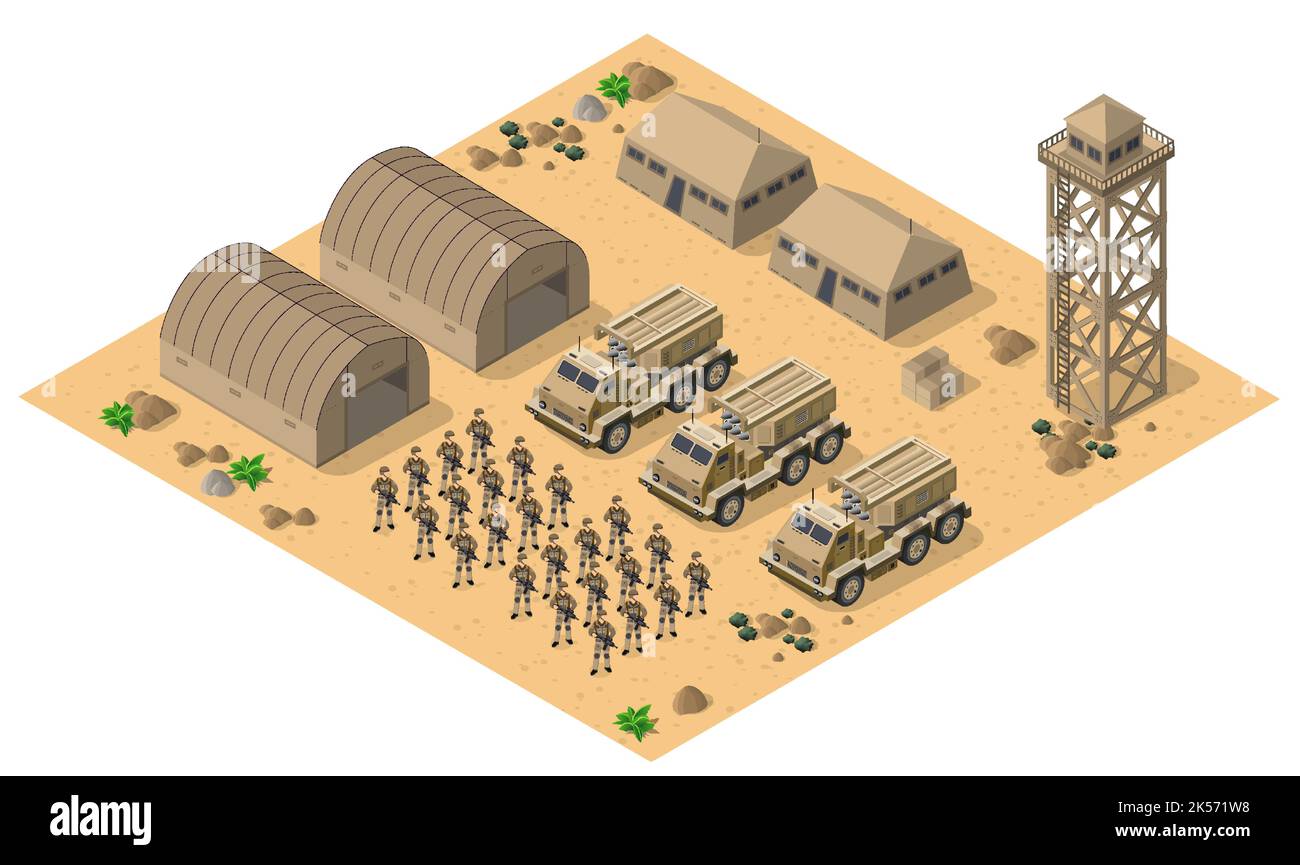 Sistemi a razzo a lancio multiplo veicoli militari 3D illustrazione vettoriale. Illustrazione Vettoriale