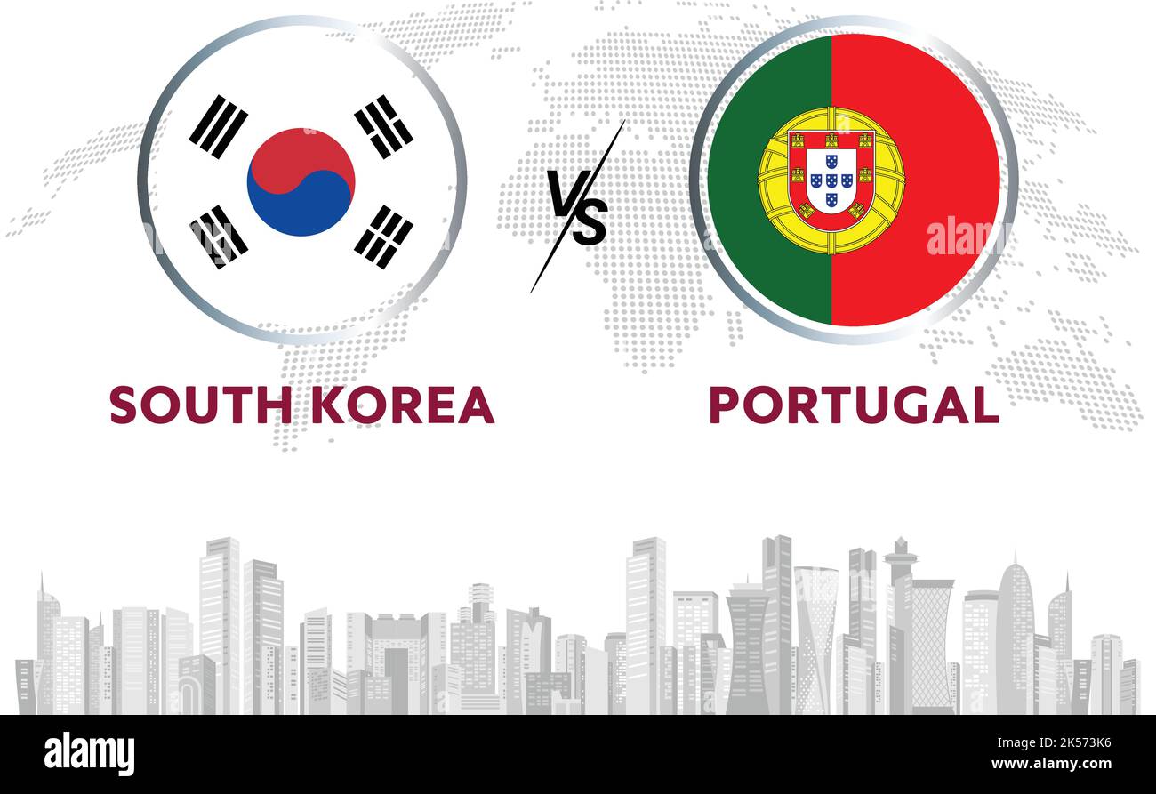 Corea del Sud vs Portogallo palla di calcio in bandiera design su sfondo Qatar skyline per torneo di calcio, vettore per modello di partita sportiva o banner. Illustrazione Vettoriale