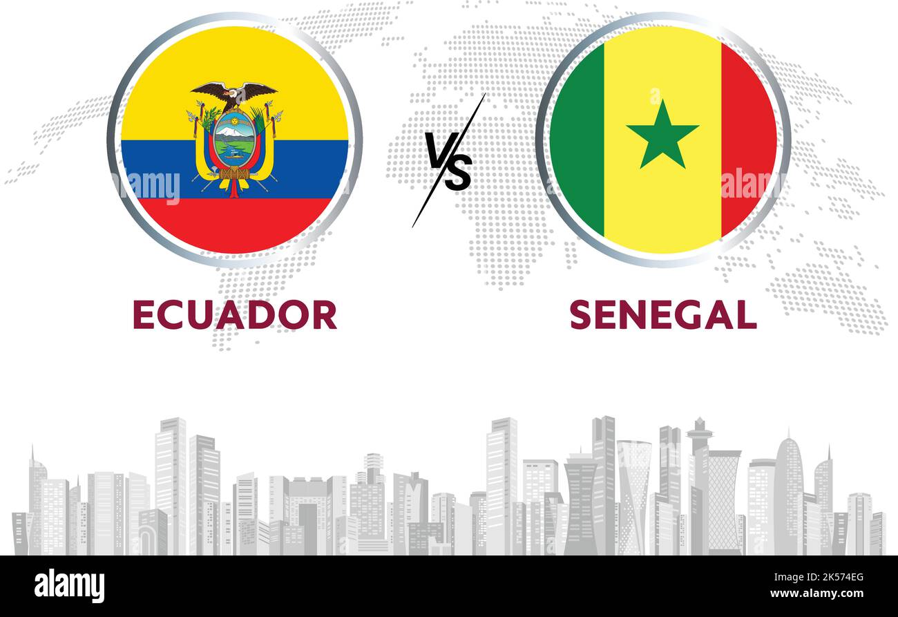 Ecuador vs Senegal palla di calcio in bandiera design su sfondo Qatar skyline per torneo di calcio, vettore per modello di partita sportiva o banner. Illustrazione Vettoriale