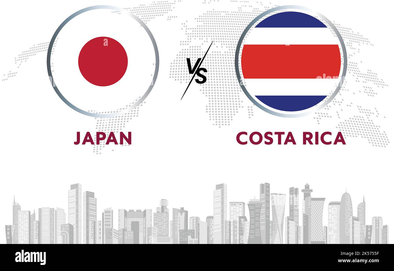 Giappone vs Costa Rica palla di calcio in disegno bandiera su sfondo Qatar skyline per torneo di calcio, vettore per modello di partita sportiva o banner. Illustrazione Vettoriale