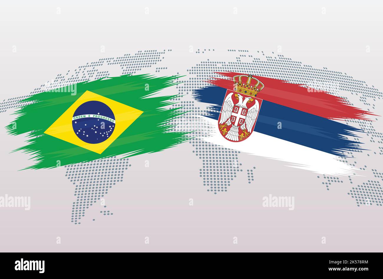 Brasile vs Serbia pallone da calcio in design bandiera sulla mappa del mondo sfondo per il torneo di calcio, vettore per modello di partita sportiva o banner. Illustrazione Vettoriale