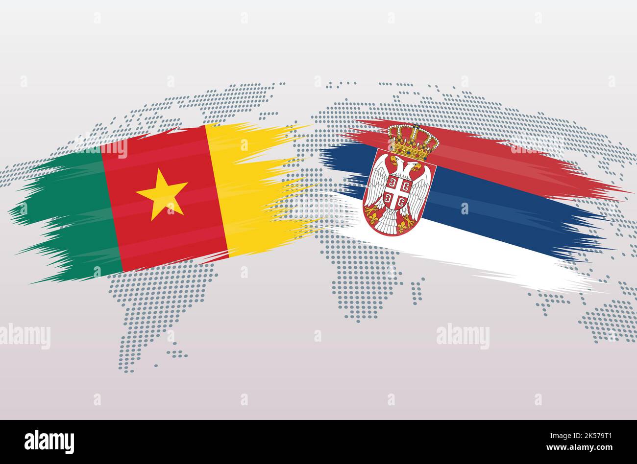 Camerun vs Serbia pallone da calcio in disegno bandiera sulla mappa del mondo sfondo per torneo di calcio, vettore per modello di partita sportiva o banner. Illustrazione Vettoriale