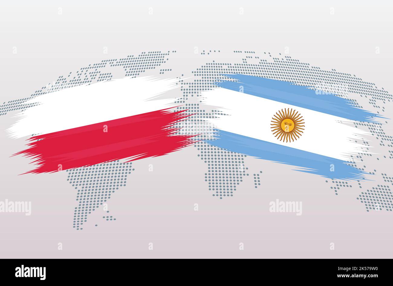 Polonia vs Argentina pallone da calcio in disegno bandiera sulla mappa del mondo sfondo per torneo di calcio, vettore per modello di partita sportiva o banner. Illustrazione Vettoriale