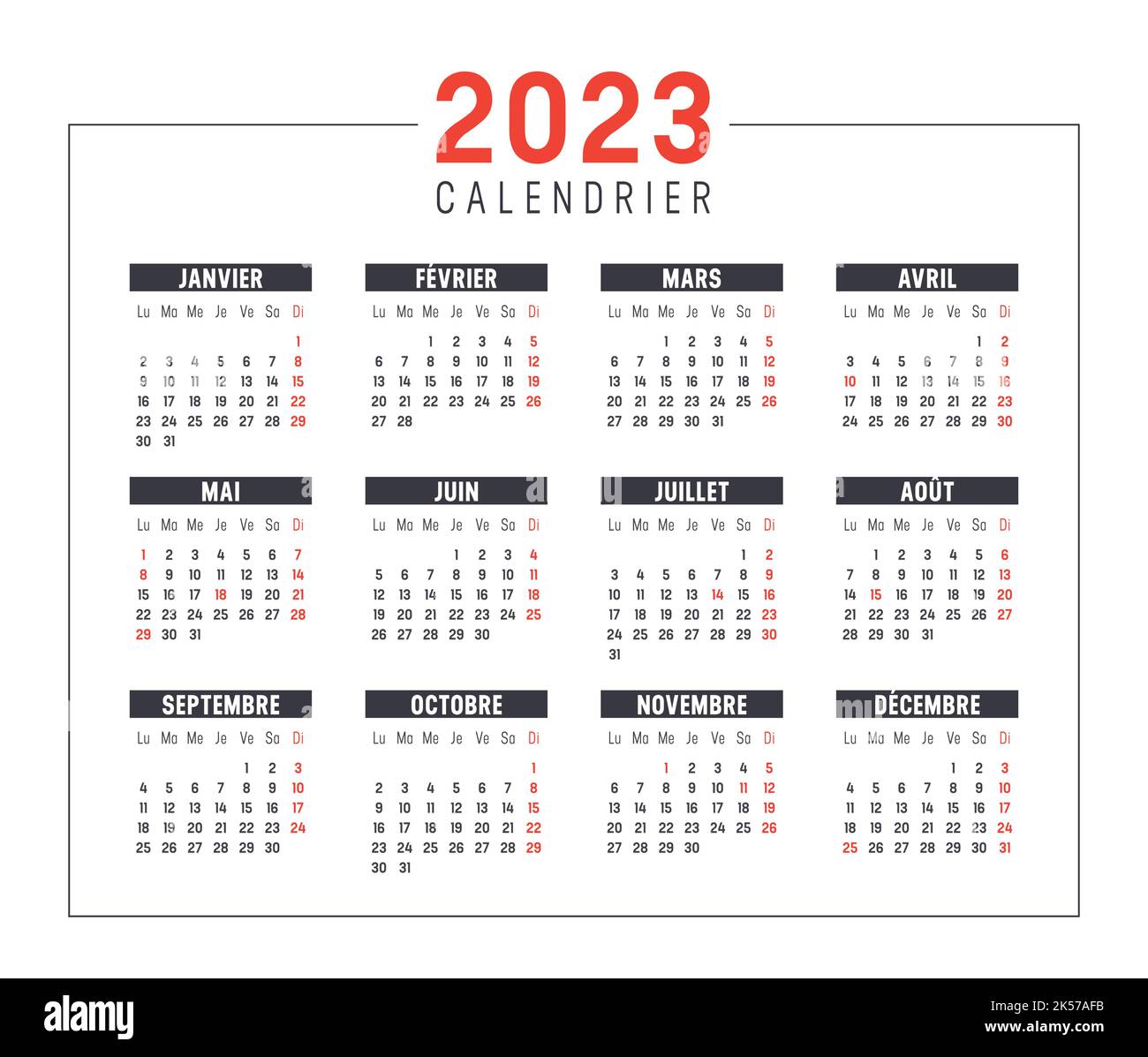 Calendario dell'anno 2023, in lingua francese isolato su sfondo bianco. Modello vettore. Illustrazione Vettoriale