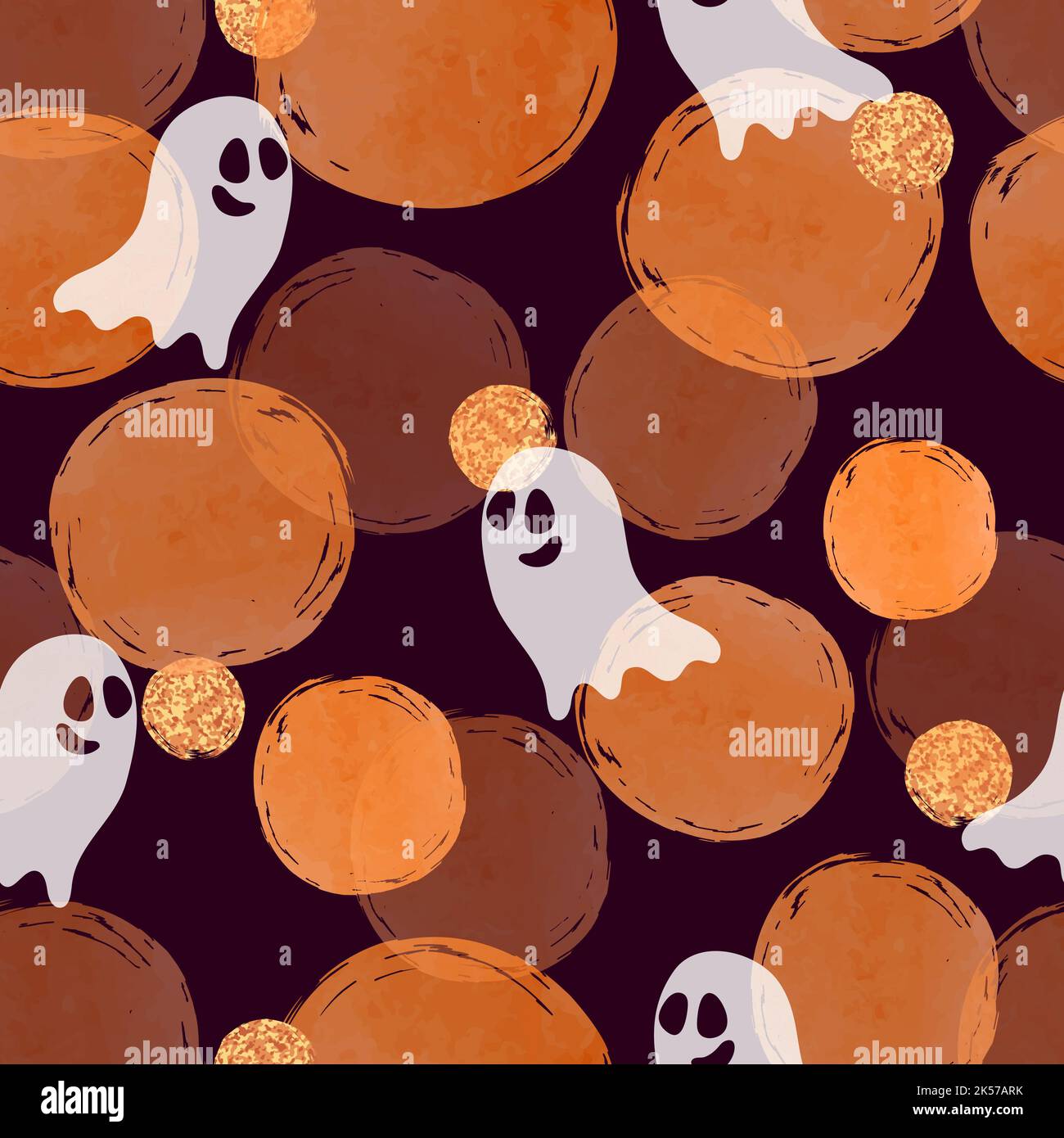 Modello fantasma di Halloween. Sfondo vettoriale senza cuciture con simpatici fantasmi cartoni animati e cerchi color acqua arancione. Illustrazione Vettoriale