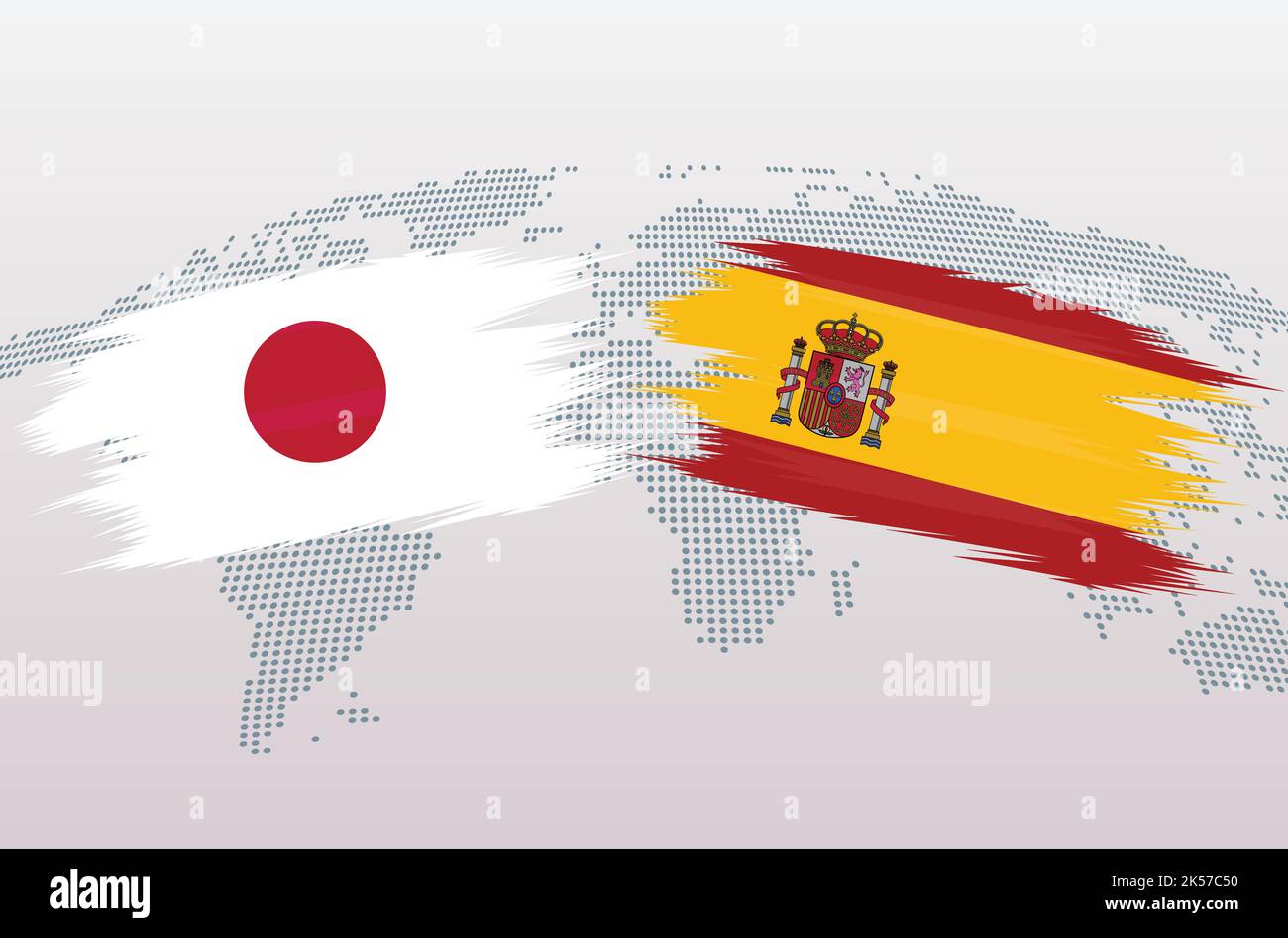 Spagna vs Giappone palla di calcio in design bandiera sulla mappa del mondo sfondo per il torneo di calcio, vettore per modello di partita sportiva o banner. Illustrazione Vettoriale