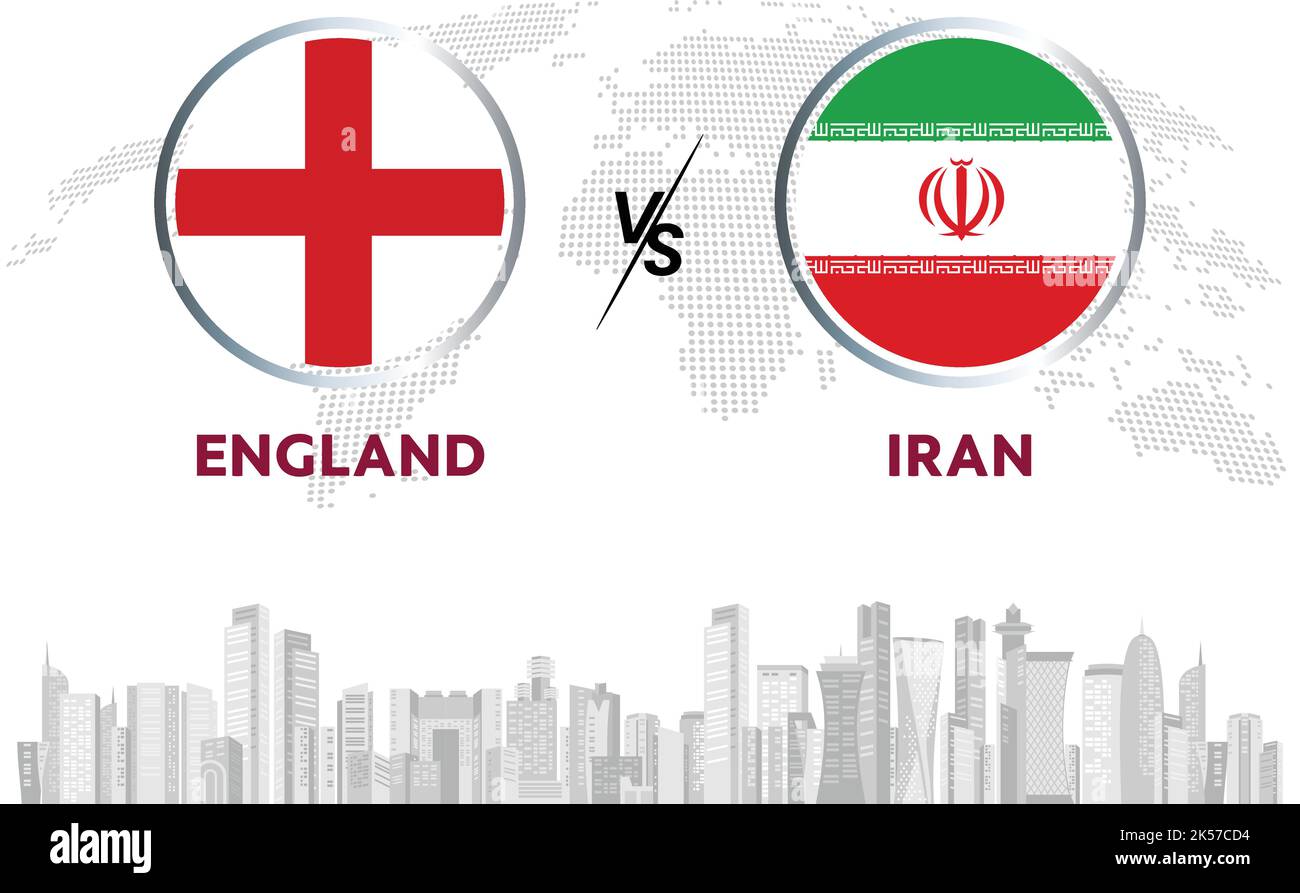 Inghilterra vs Iran pallone da calcio in bandiera design su sfondo Qatar skyline per torneo di calcio, vettore per modello di partita sportiva o banner. Illustrazione Vettoriale