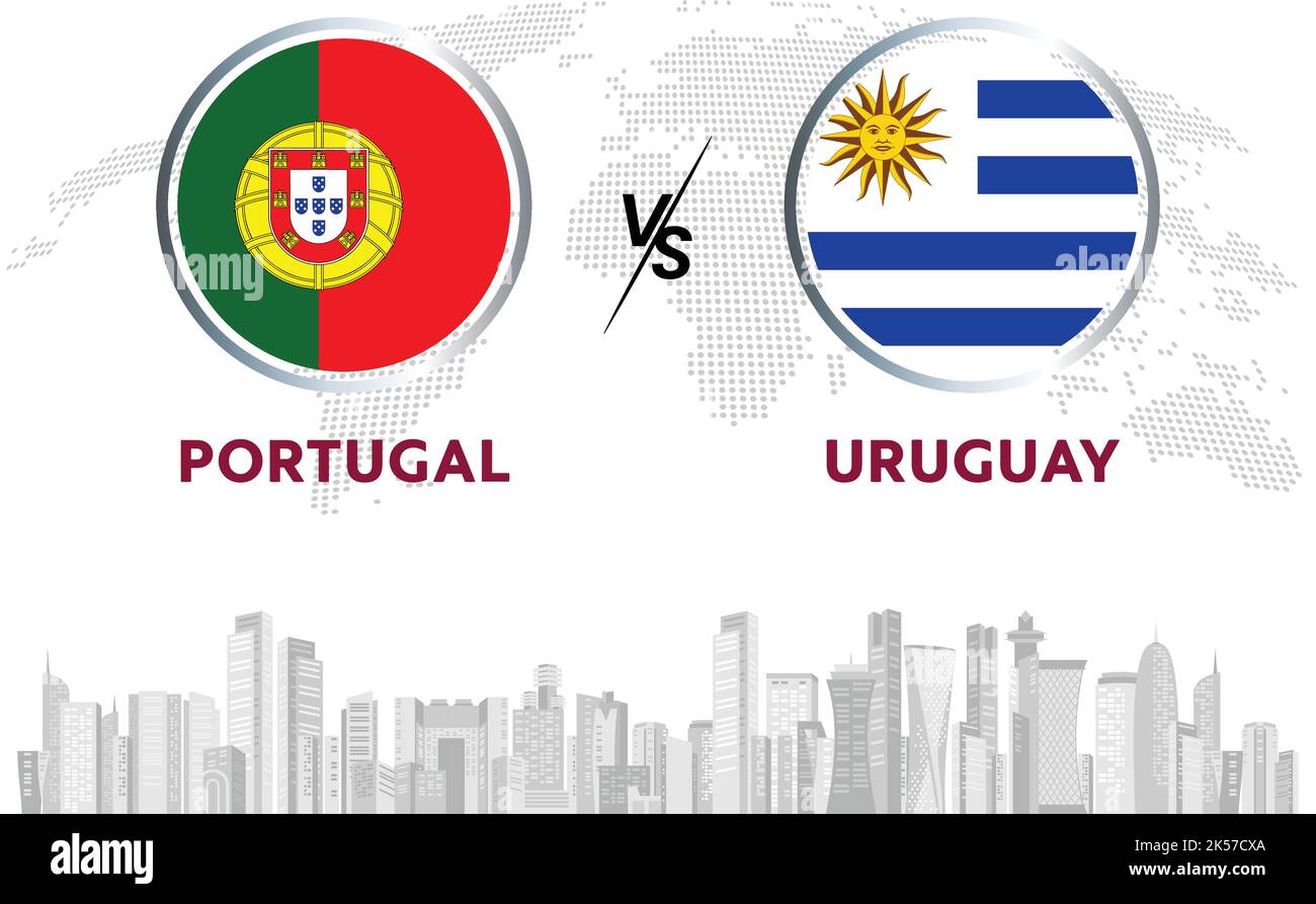 Portogallo vs Uruguay calcio palla in bandiera design su sfondo Qatar skyline per il torneo di calcio, vettore per lo sport match template o banner. Illustrazione Vettoriale