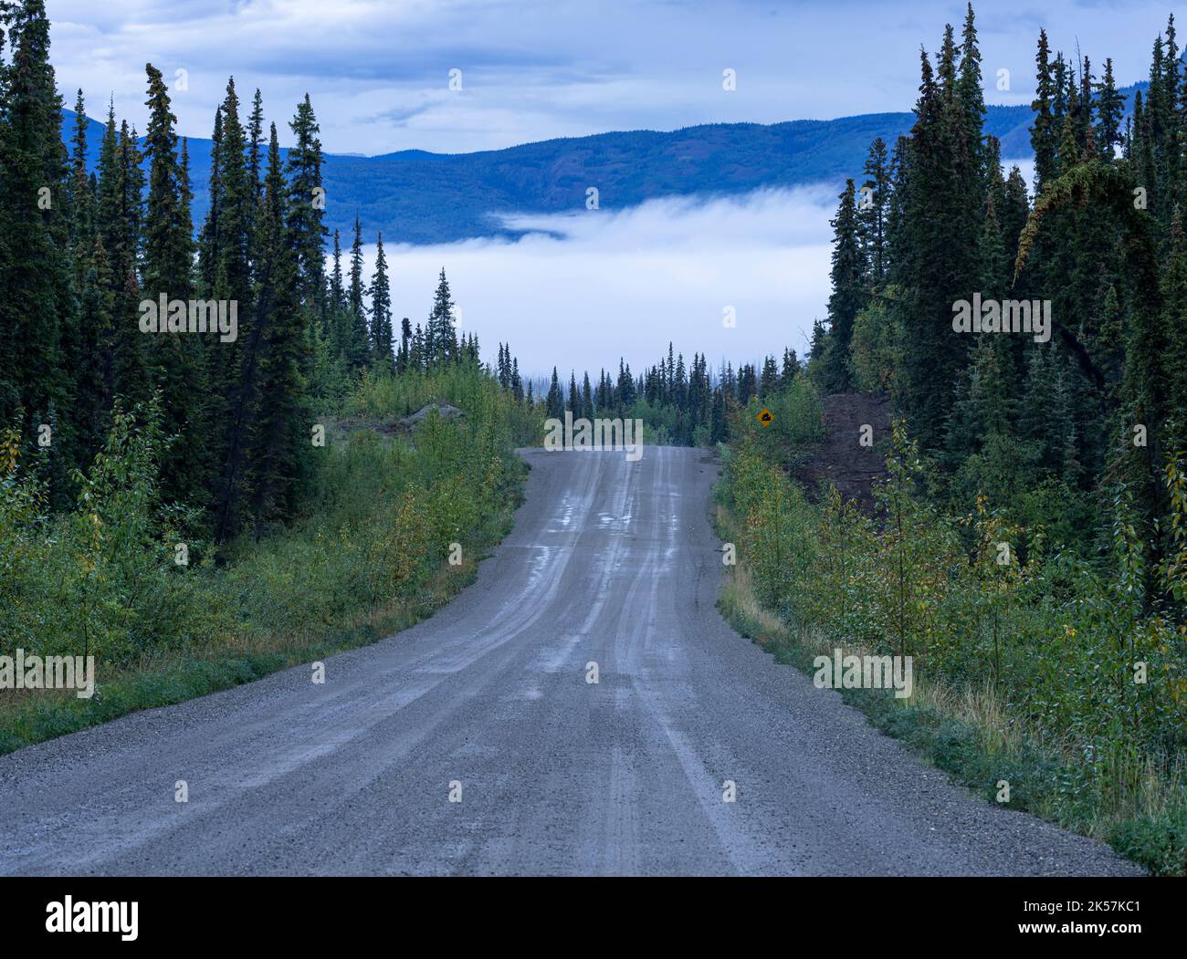 Nebbia al mattino sulla Robert Campbell Highway, Yukon Route 4, nel nord del Canada. Foto Stock