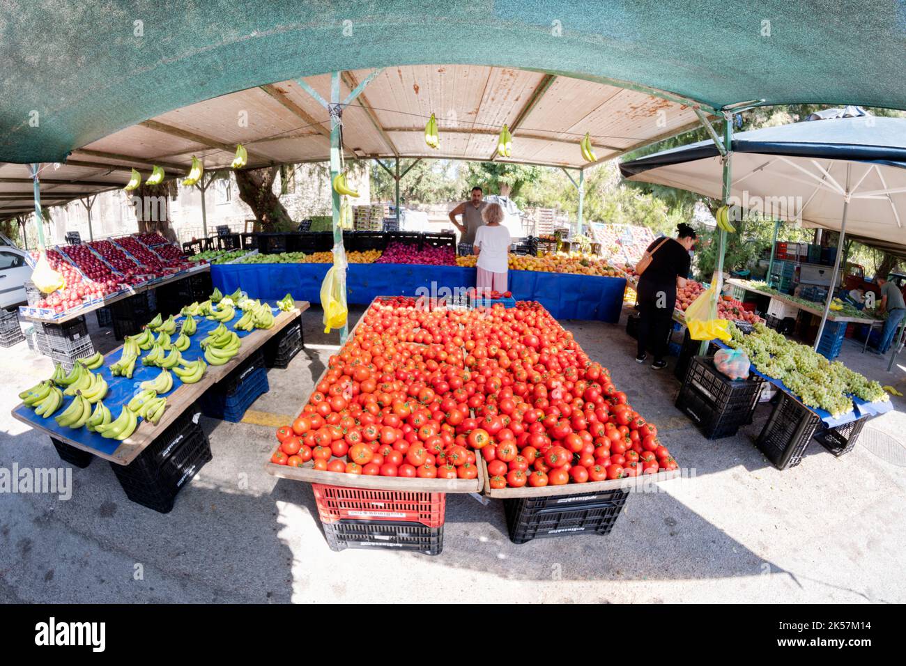 Frutta e verdura fresca, compresa una grande esposizione di pomodori in vendita in una bancarella di mercato in un mercato all'aperto. I clienti selezionano i prodotti. Foto Stock