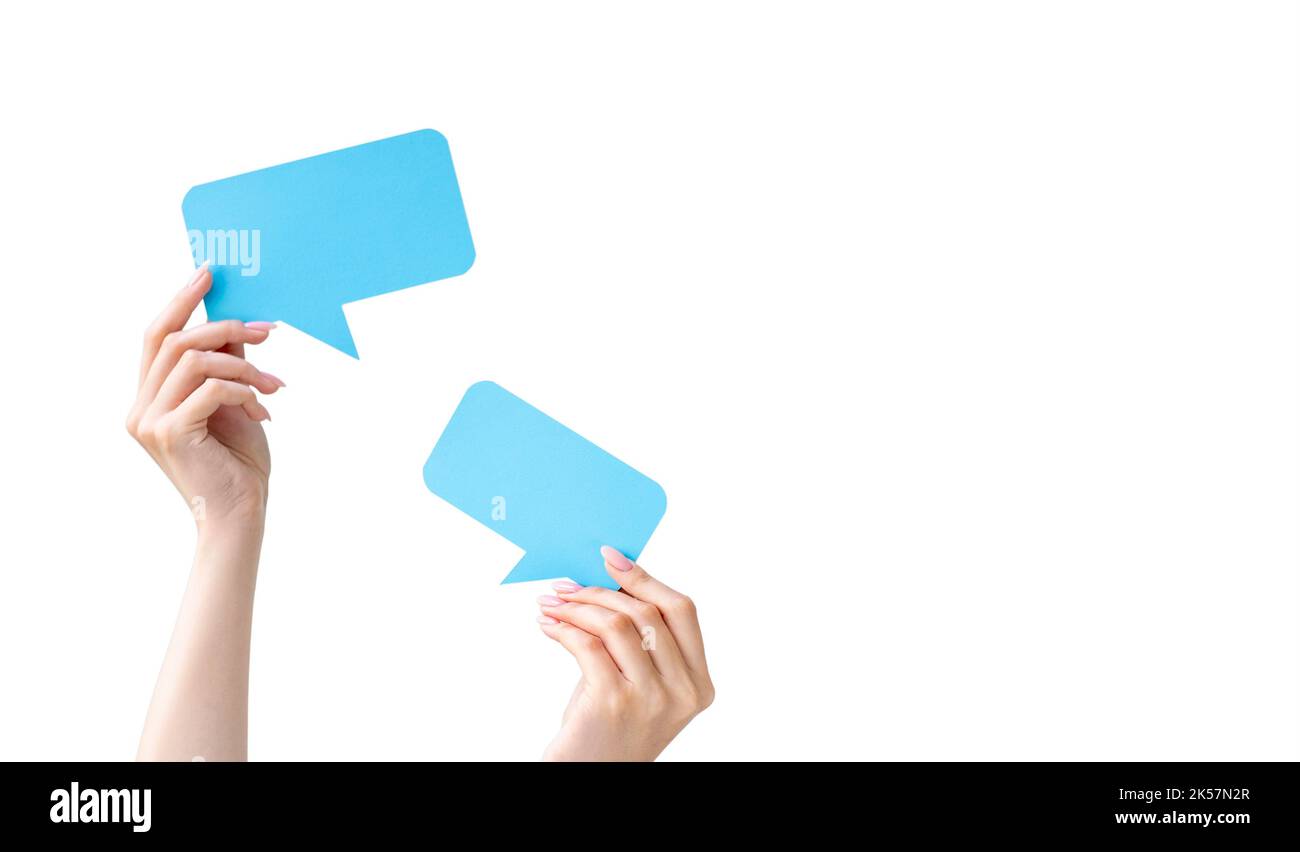 testo bolla mockup commento palloncino mani icone Foto Stock