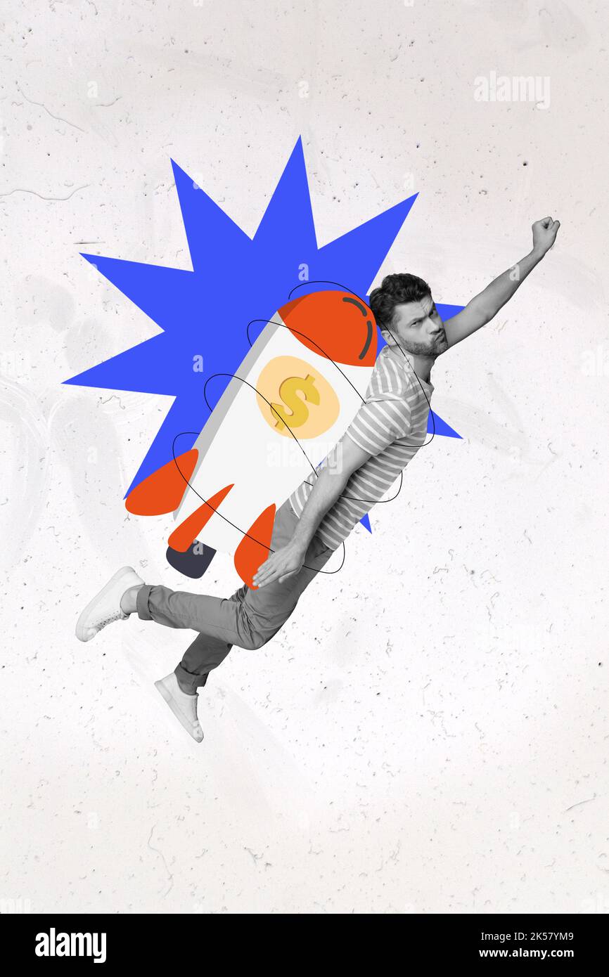 Foto grafica immagine minima immagine di forte uomo che vola razzo sollevando pugno harying proteggendo cash isolato disegno sfondo Foto Stock