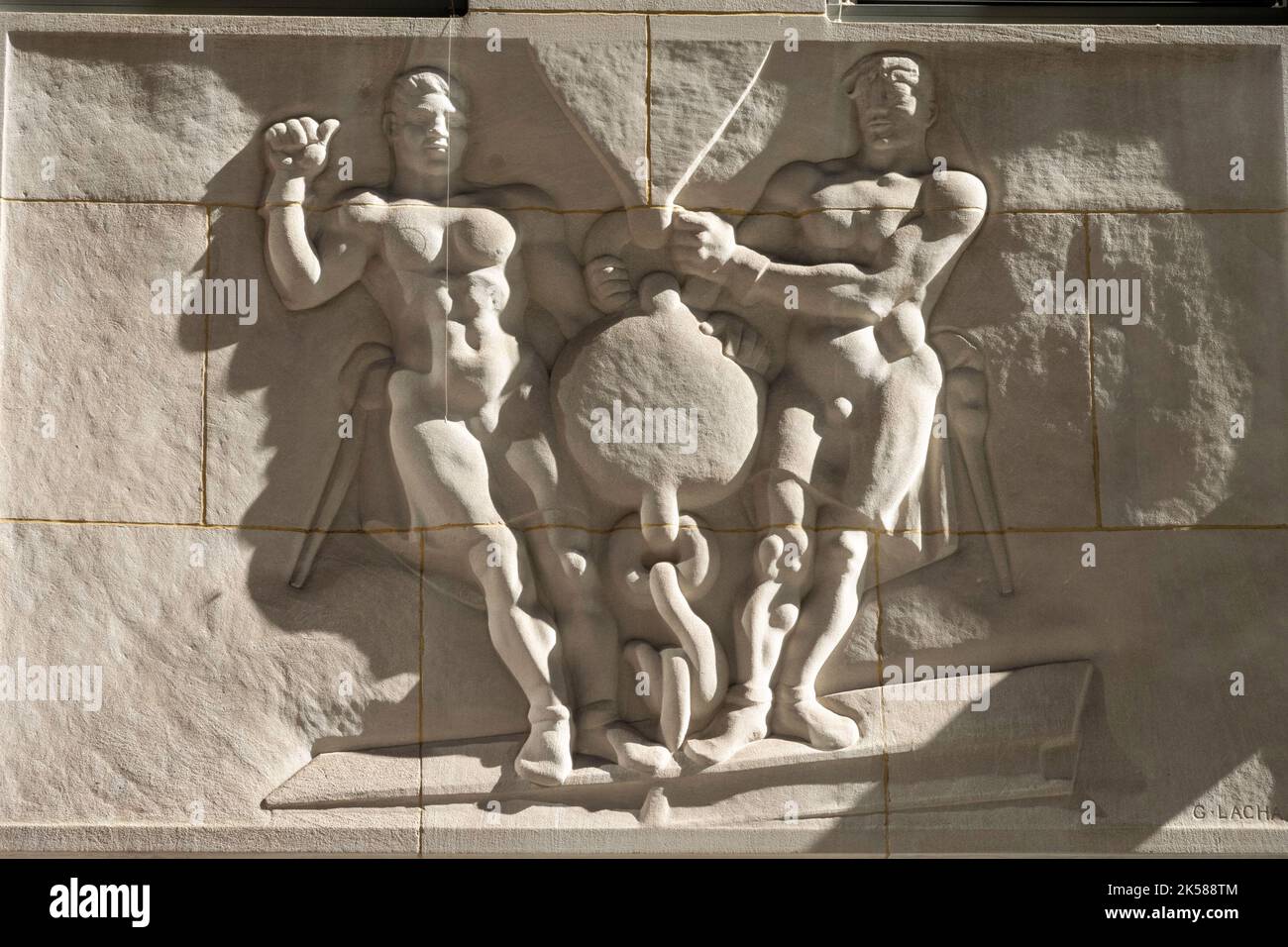 Per commemorare gli operai del centro di carving, Rockefeller Center, New York, Stati Uniti d'America Foto Stock