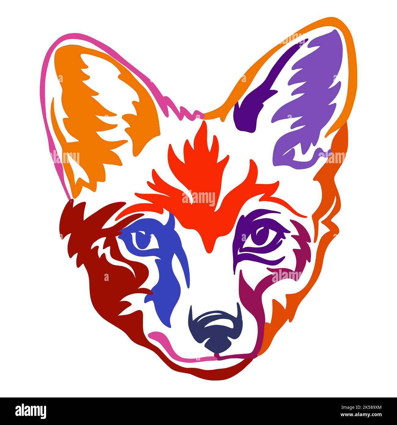 Ritratto con contorno a colori Fox primo piano. Illustrazione vettoriale della testa dell'animale in vista frontale isolata su sfondo bianco. Per arredamento, design, stampa, poster, auto Illustrazione Vettoriale