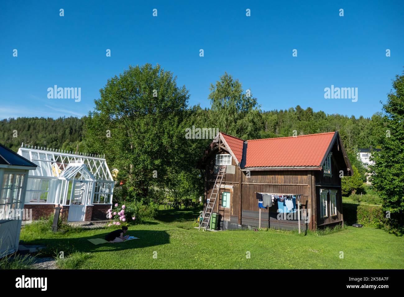 Cabina tipica o stabbur nelle zone rurali della Norvegia Foto Stock