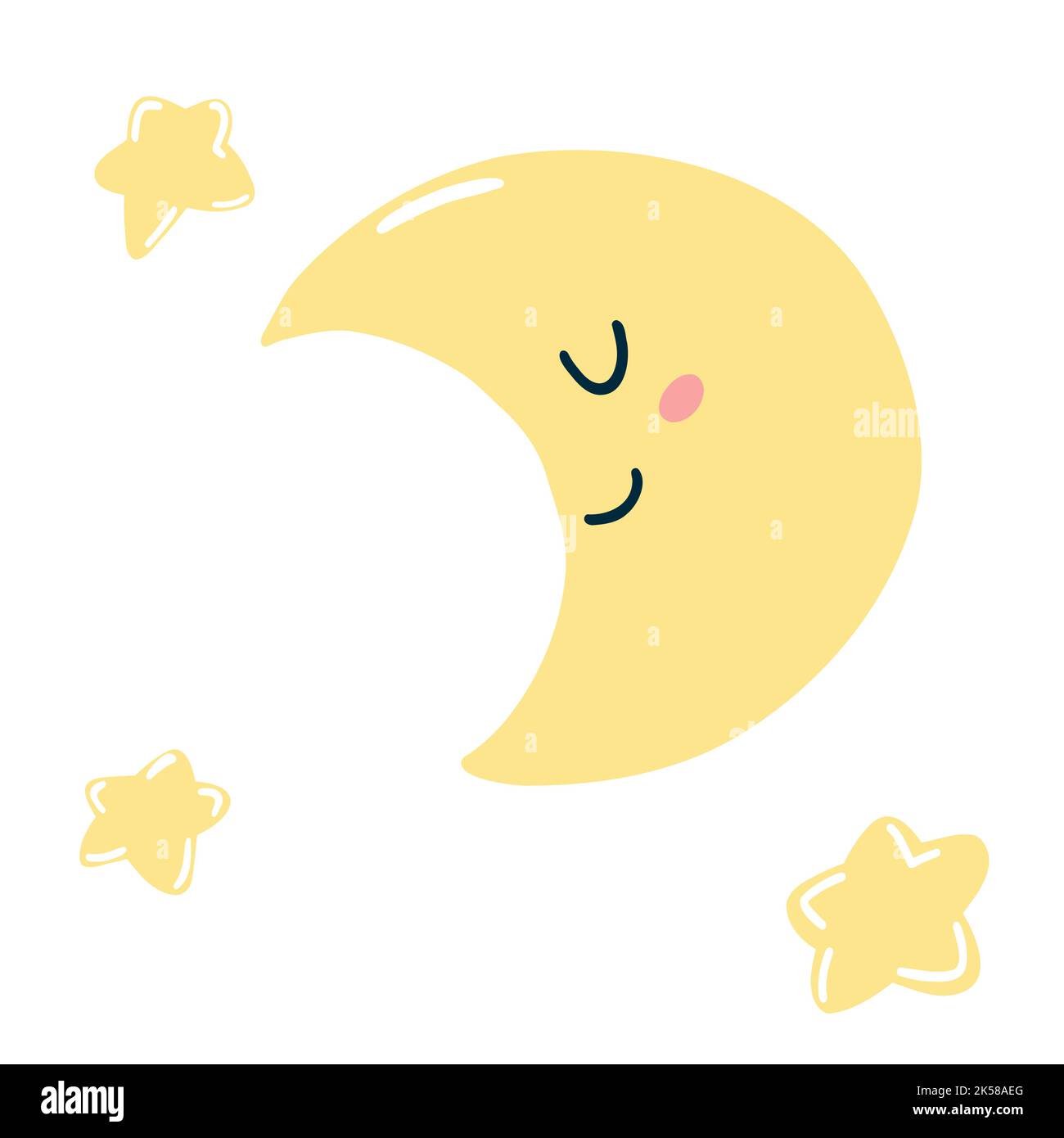 Carino mano disegnato kawaii luna e stelle in cartoon stile piatto. Illustrazione vettoriale delle icone dei bambini con il volto felice per poster, stampa di tessuto, biglietto, bambini Illustrazione Vettoriale