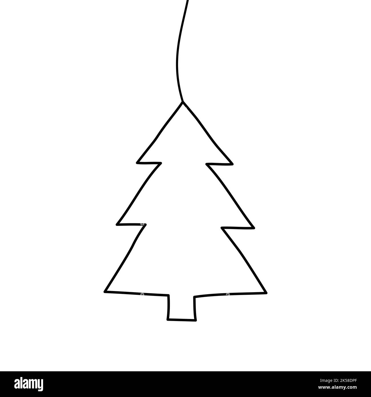 Grungy grungy grungy scribble Natale Pine Tree decorazione disegnata a mano con linea sottile, appeso ad una stringa. Isolato su sfondo bianco. Vettore illustrati Illustrazione Vettoriale