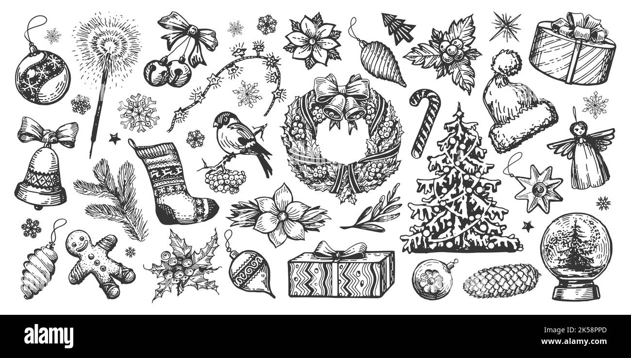 Concetto di Natale. Elementi di design disegnati a mano in stile vintage. Decorazioni natalizie incisione vettore illustrazione Illustrazione Vettoriale