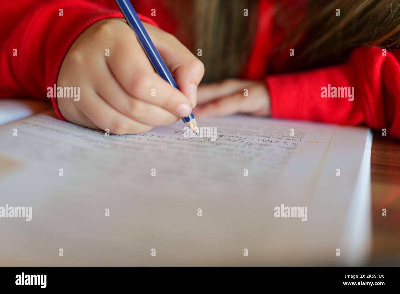 Homeworks.schoolgirl fa il suo homeworks.matita in una mano del childs scrive le parole in un taccuino.Studio ed educazione. Il bambino scrive con una matita in un taccuino Foto Stock