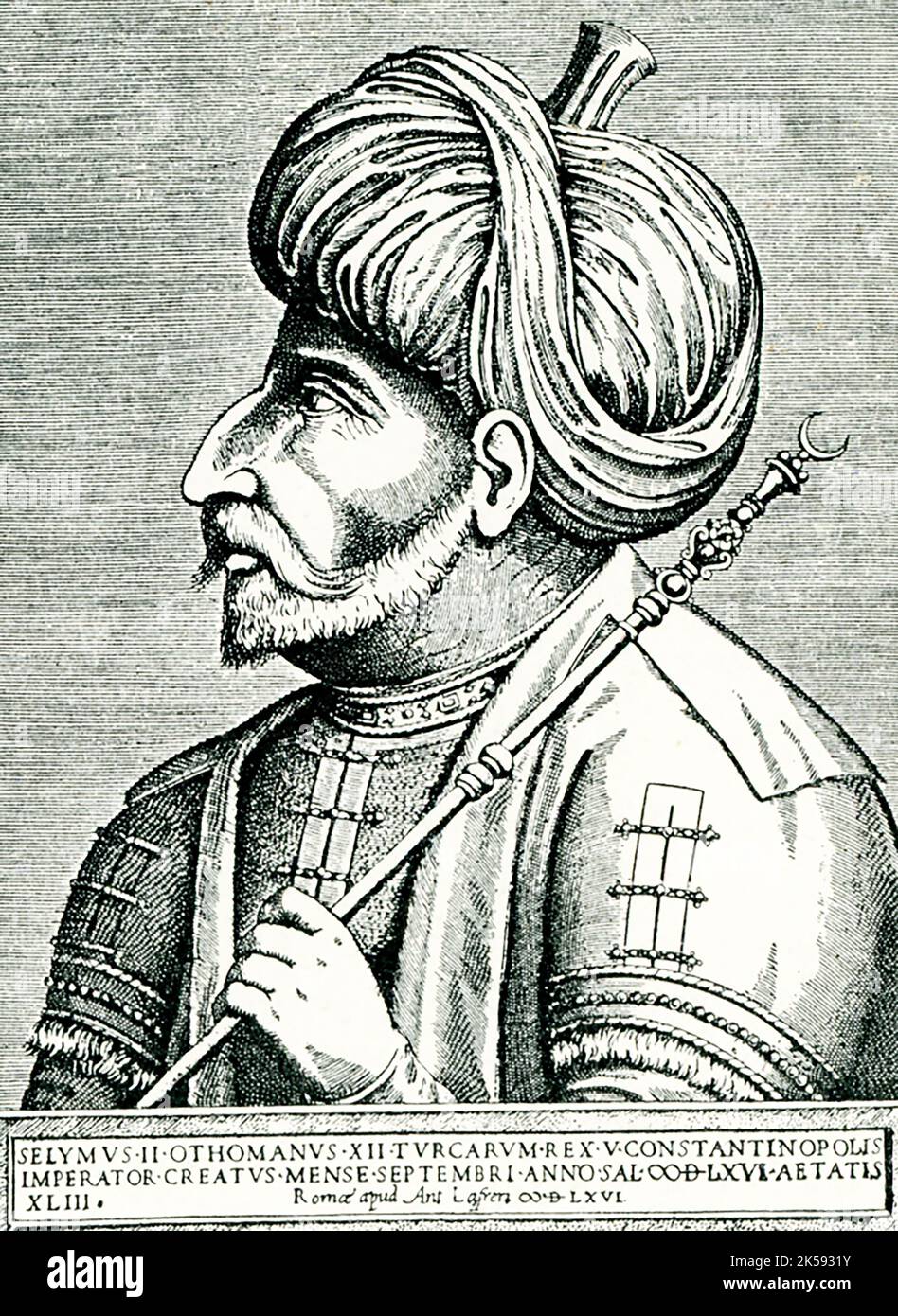 La didascalia di questa immagine del 1910 è: “Sultan Selim II immagine di Antonio Lafreri. Dopo un originale nella Biblioteca Nazionale di Parigi.” Selim II, nome Sari (“la Bionda”) (1524 – 1574) fu un sultano ottomano del 1566. Il suo regno vide la pace in Europa e in Asia e l'ascesa degli Ottomani al dominio nel Mediterraneo, ma segnò l'inizio del declino del potere dei sultani. Non fu in grado di imporre la sua autorità sui Janissaries e fu dominato dalle donne del suo harem. Foto Stock