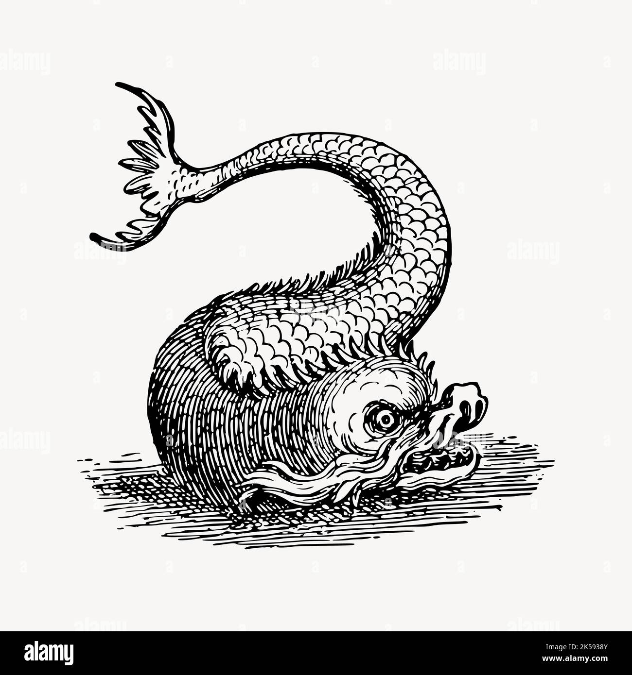 Disegno di mostro di pesce, vettore di illustrazione di creatura mitica vintage. Illustrazione Vettoriale