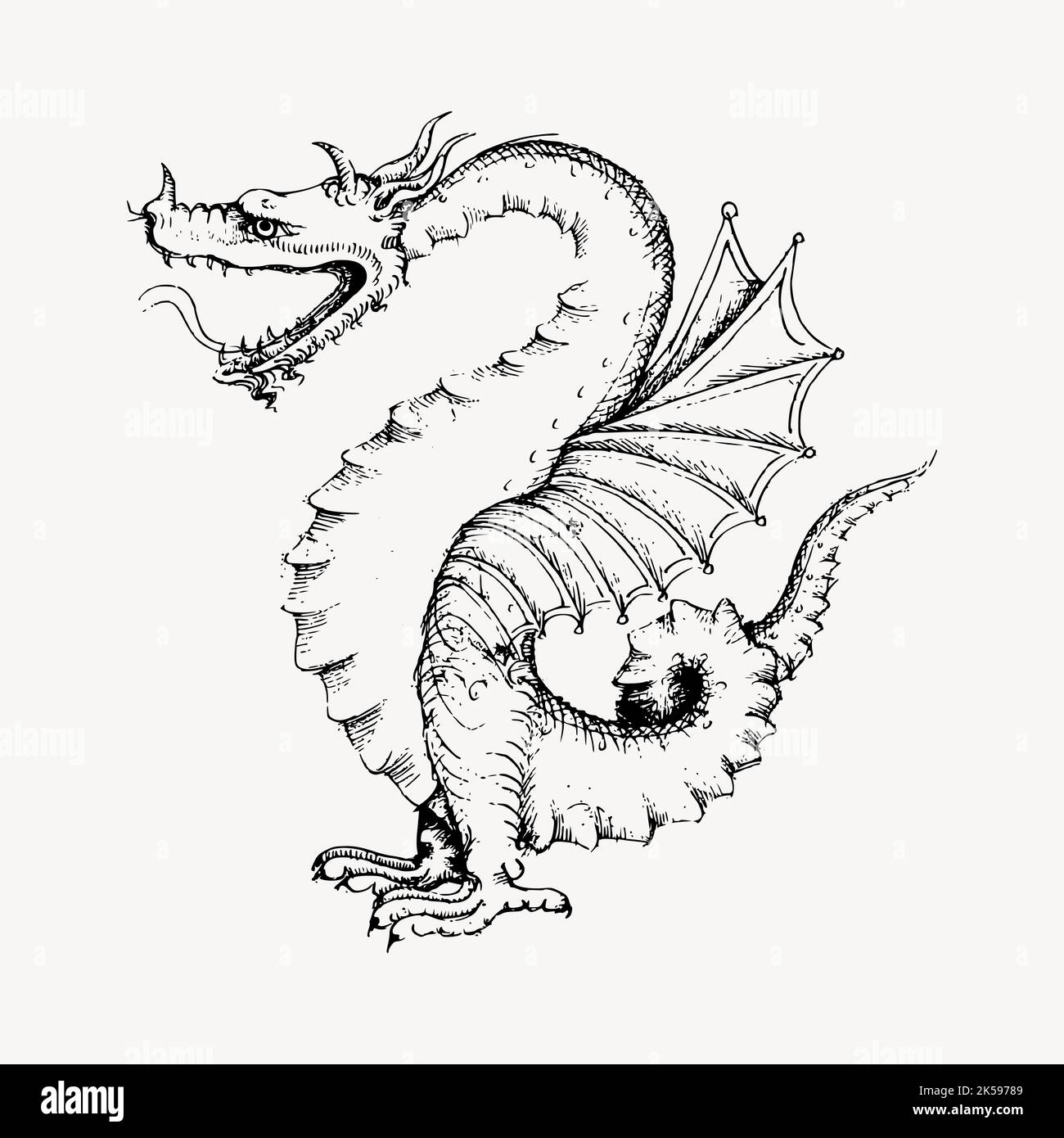 Disegno del drago, vettore di illustrazione di creatura mitica vintage. Illustrazione Vettoriale