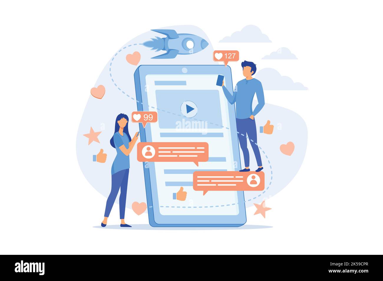 Marketing digitale, pubblicità online, SMM. Notifica app, chat, SMS. Contenuto virale, illustrazione vettore di creazione di meme Internet Illustrazione Vettoriale