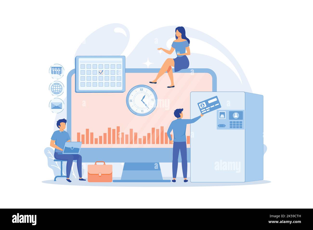 Prestazioni di lavoro in base ai tempi previsti. Disciplina del personale. Sistema di tracciamento del tempo e delle presenze, illustrazione del vettore di tracciamento del tempo dell'ufficio Illustrazione Vettoriale