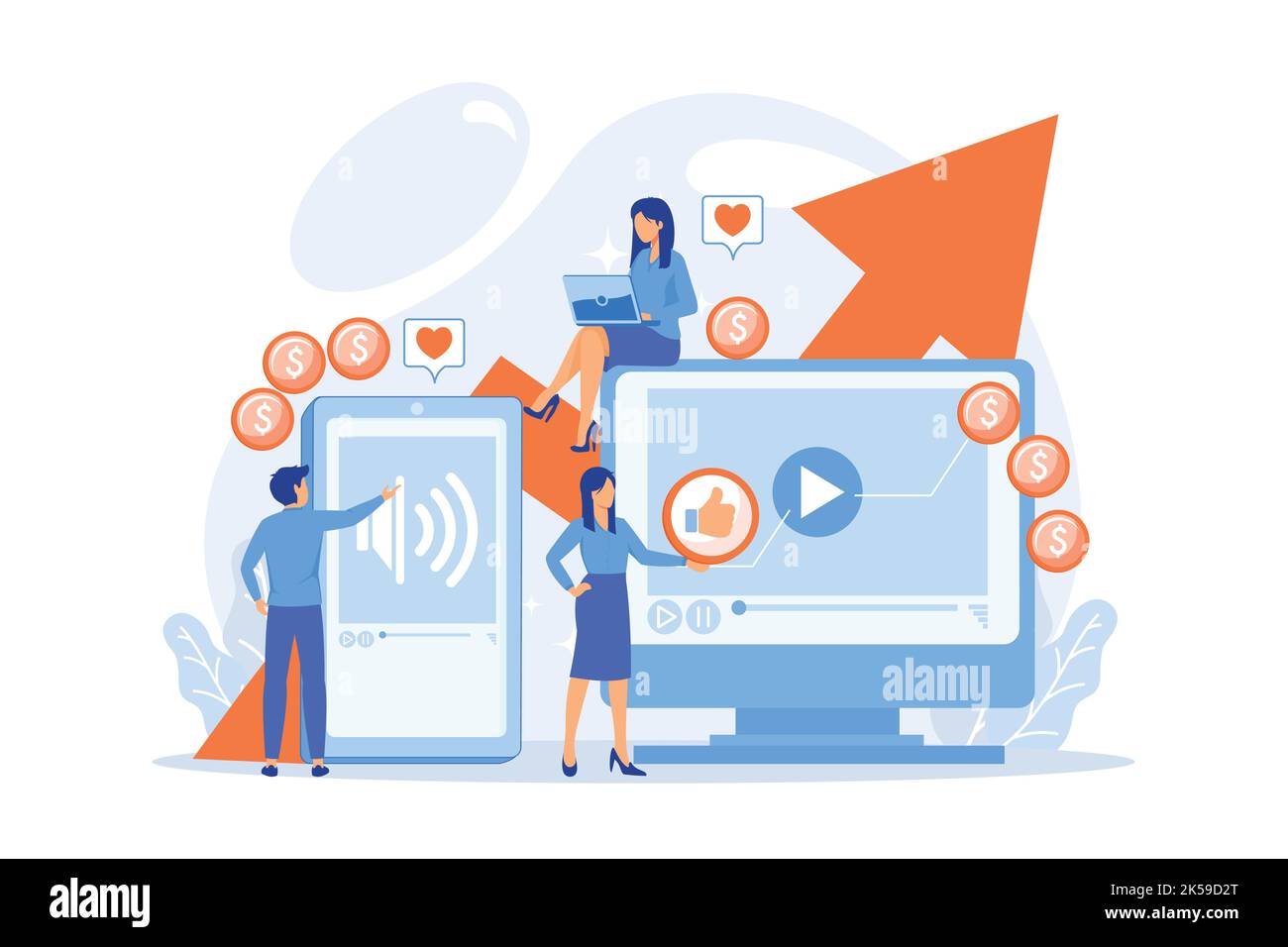 SMM, social media influencer marketing. Elevato contenuto ROI, illustrazione vettoriale di produzione di contenuti multimediali di alto livello Illustrazione Vettoriale