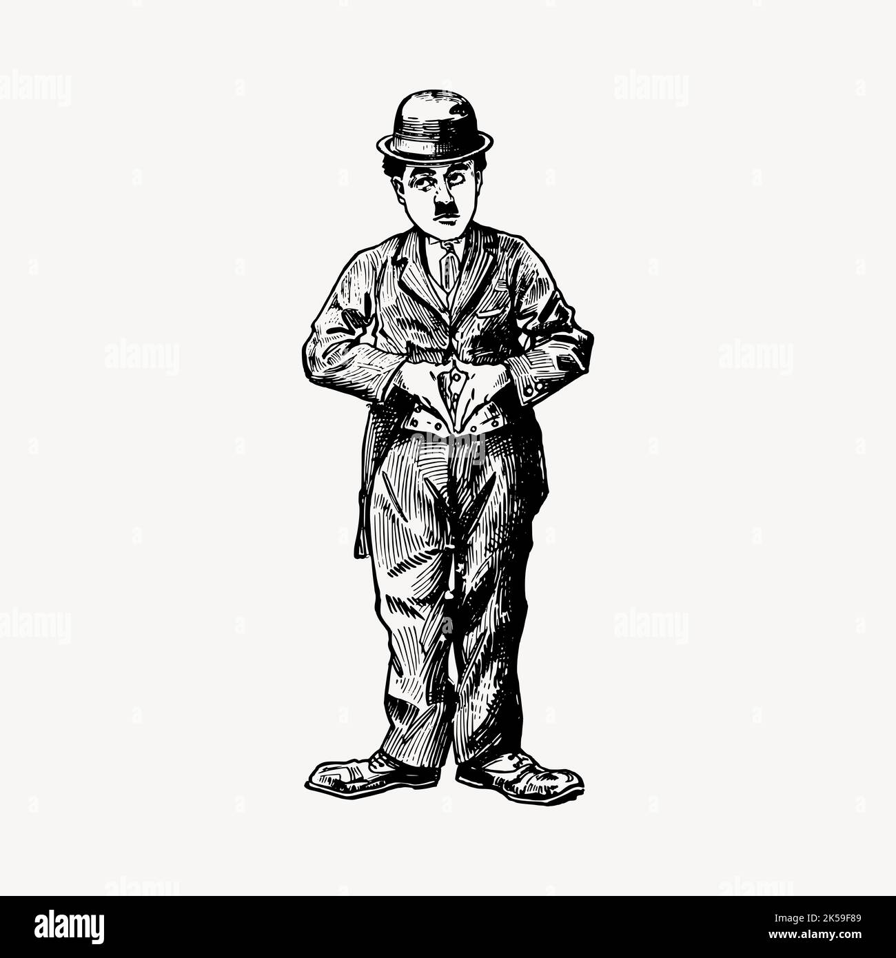 Disegno di Charlie Chaplin, famoso vettore di illustrazione comico. Illustrazione Vettoriale