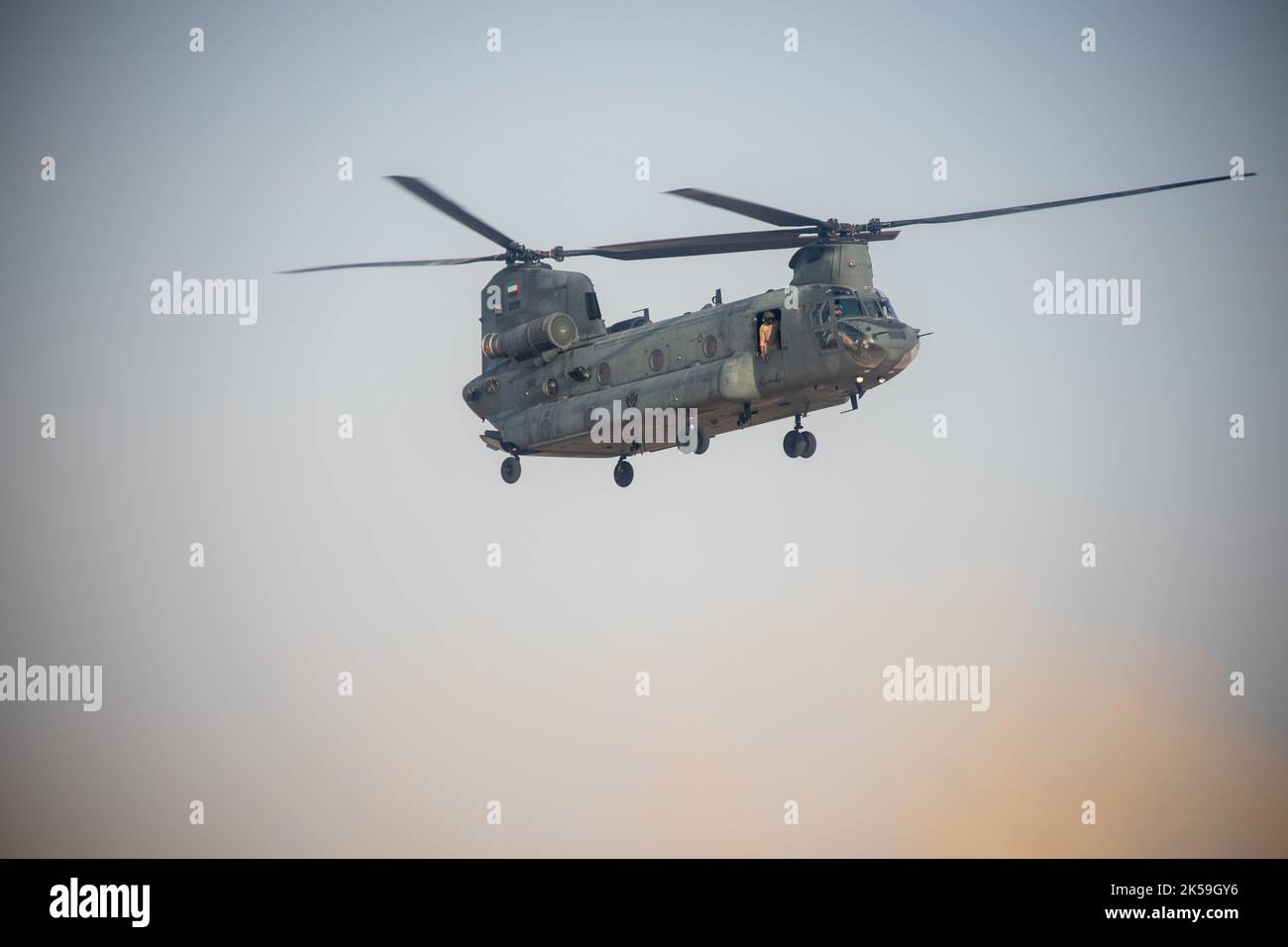 La Guardia Presidenziale degli Emirati Arabi Uniti CH-47 Chinook si prepara ad atterrare durante l'esercizio Intrepid Maven 22,4 negli Emirati Arabi Uniti, 25 settembre 2022. Intrepid Maven 22,4 è una serie di ingaggio del comando centrale delle forze marine degli Stati Uniti progettata per ingaggi di addestramento bilaterali e multilaterali con le nazioni partner e le forze del corpo marino. (STATI UNITI Corpo marino foto di Sgt. Jacob Yost) Foto Stock