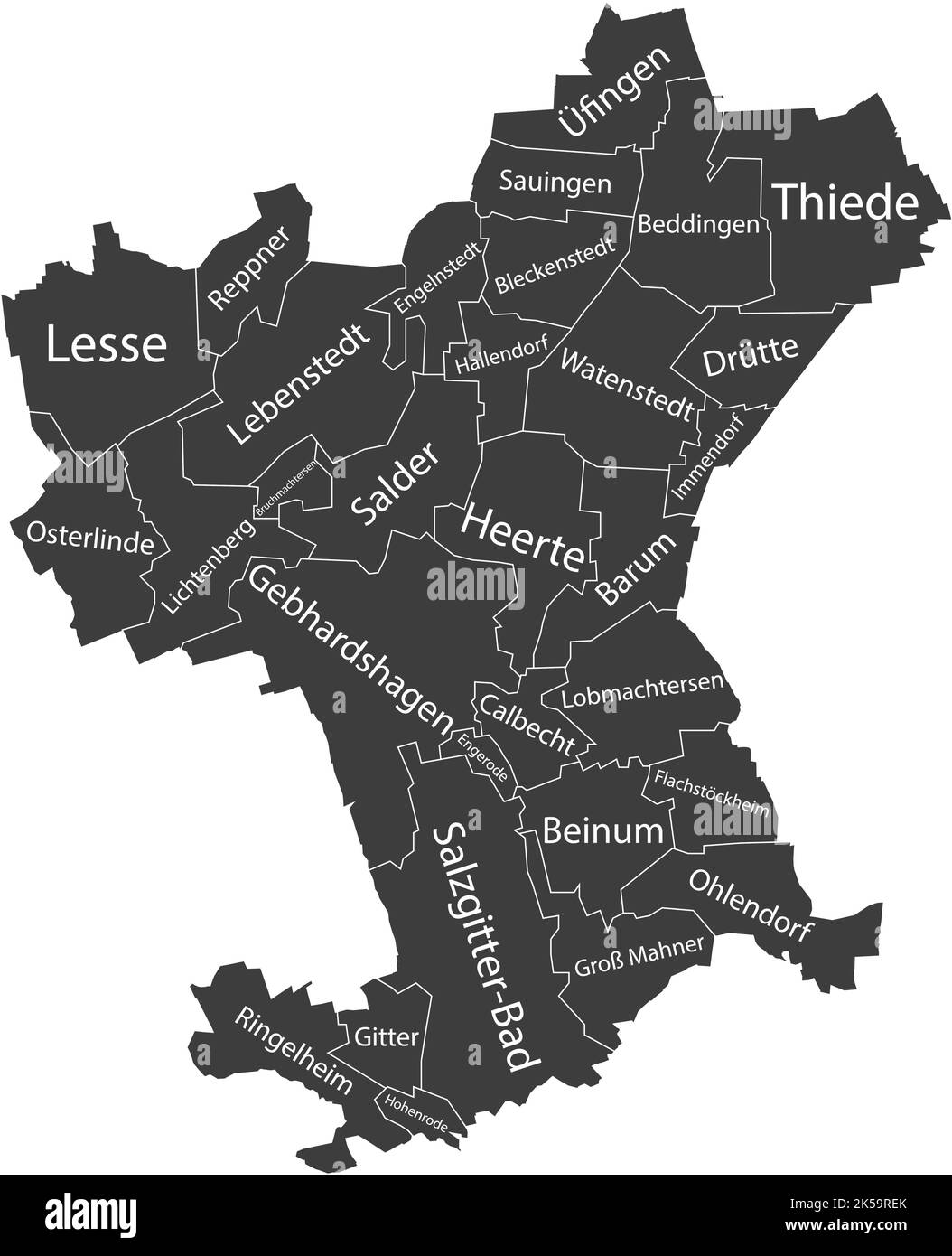 Mappa amministrativa a vettore piatto grigio scuro di SALZGITTER, GERMANIA, con nomi e linee di confine bianche dei suoi distretti Illustrazione Vettoriale