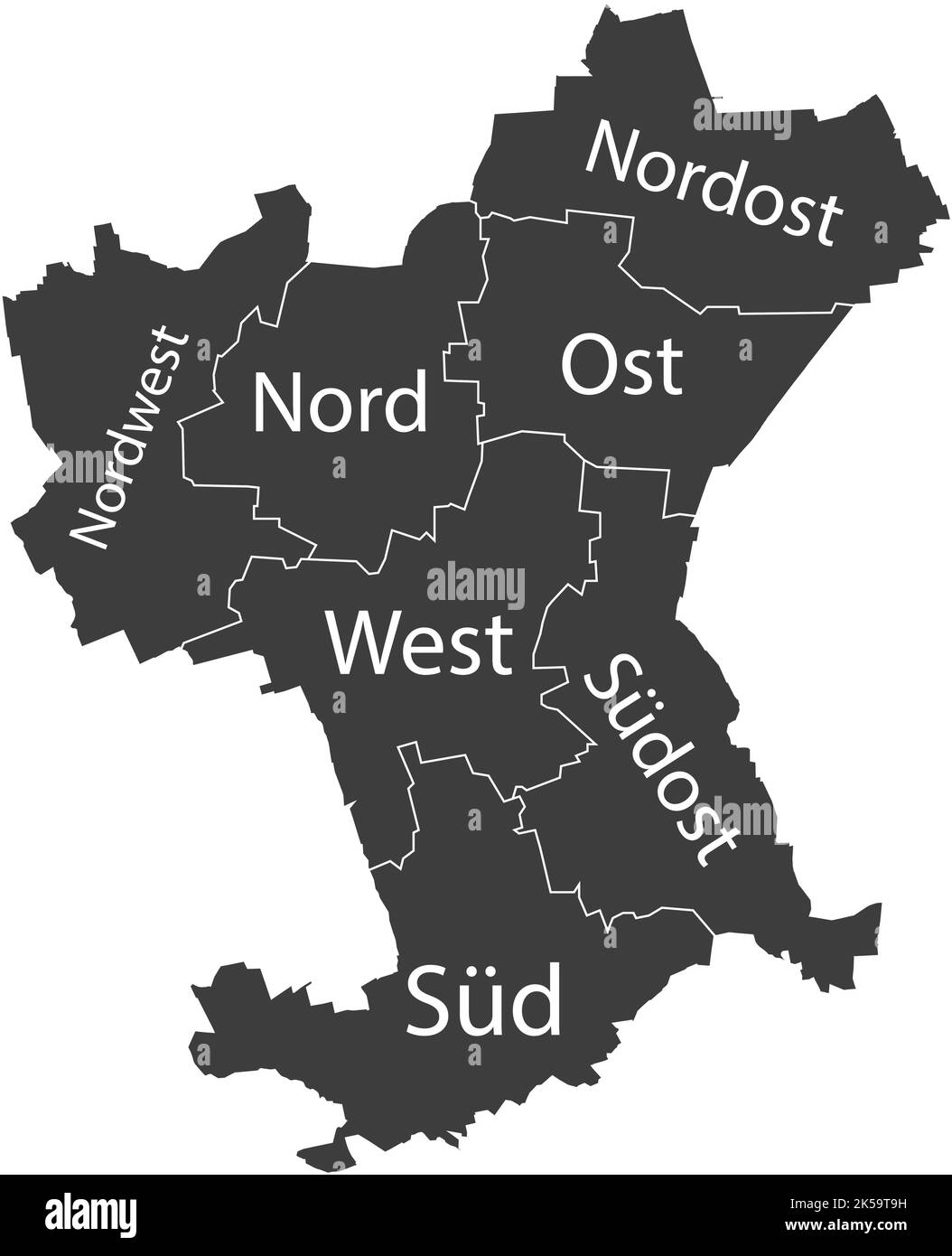 Mappa amministrativa a vettore piatto grigio scuro di SALZGITTER, GERMANIA, con nomi e linee di confine bianche dei suoi comuni Illustrazione Vettoriale