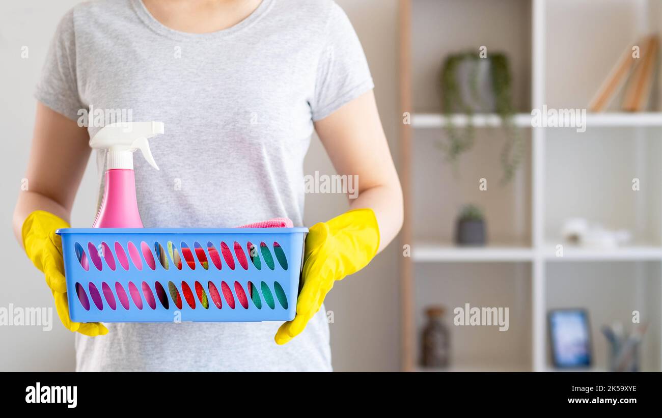 Casa chores. Giorno di pulizia. Casalinga lavoro. Donna irriconoscibile in guanti di protezione che reggono cestello con detergente spray spugne saponate spazzola microfibra Foto Stock