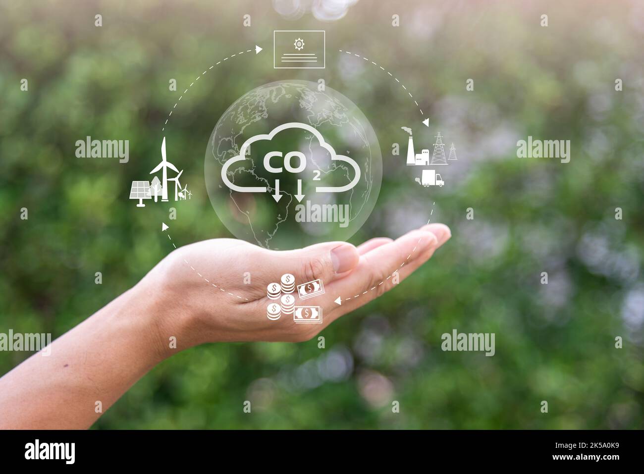 Mano con icone ambientali CO2 icone di riduzione delle emissioni riscaldamento globale sviluppo sostenibile e verde impresa energia rinnovabile pulito e amico Foto Stock