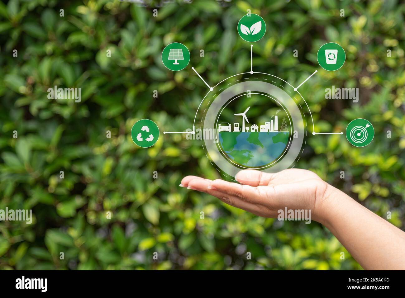 Mano con icone ambientali CO2 icone di riduzione delle emissioni riscaldamento globale sviluppo sostenibile e verde impresa energia rinnovabile pulito e amico Foto Stock