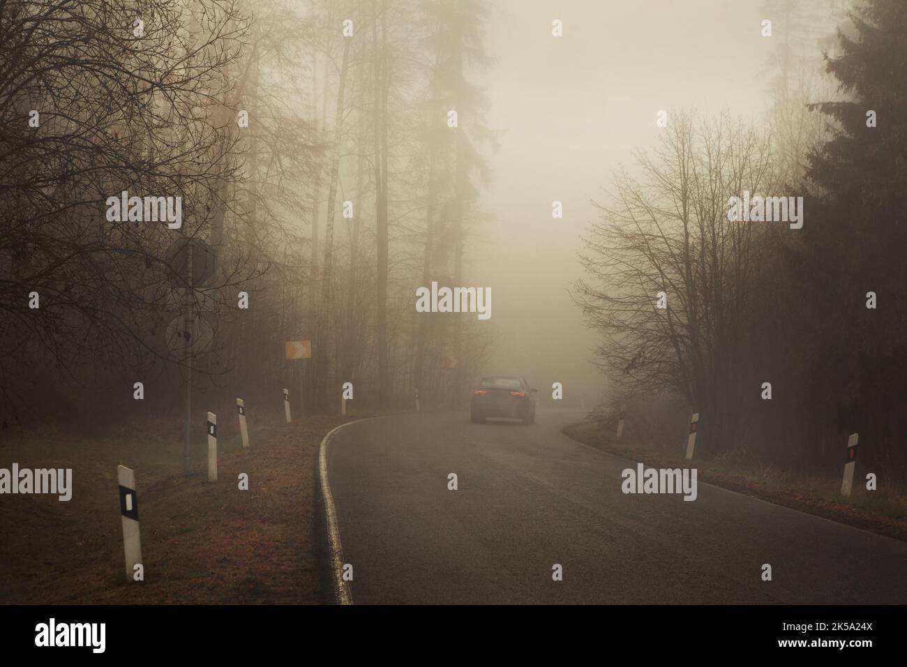 Auto da sola sta guidando su strada nella nebbia. Svolta pericolosa in condizioni meteorologiche avverse, scarsa visibilità. Natura mistica Foto Stock