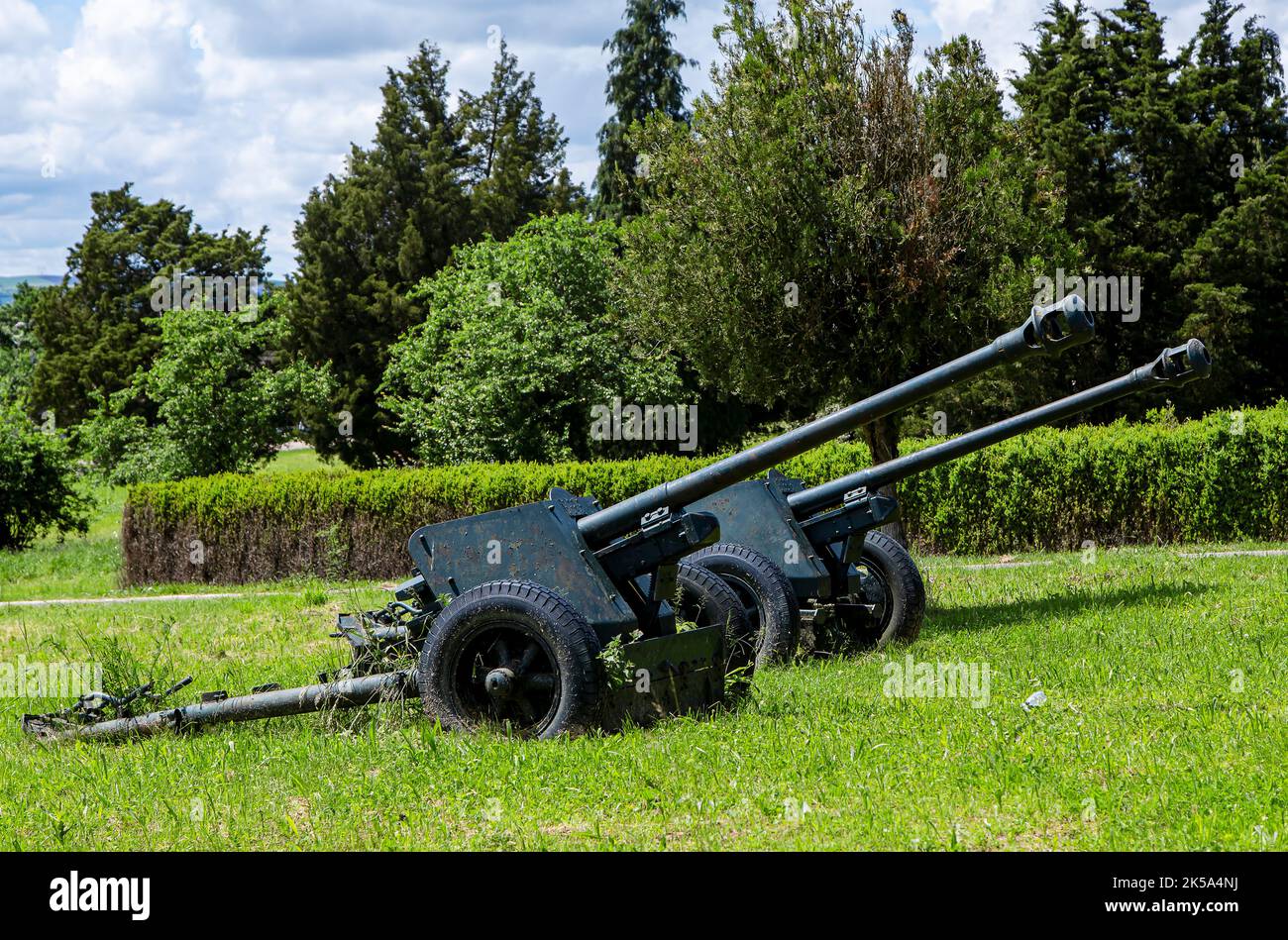 Cannoni posti al monumento agli eroi rumeni della seconda guerra mondiale il 30 maggio 2021 a Oarba de Mures, Transilvania Foto Stock