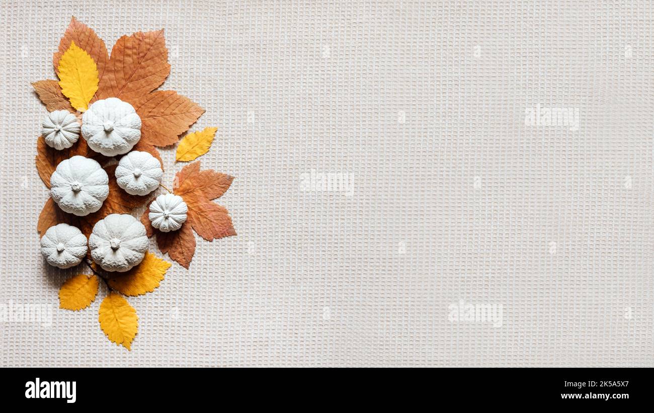 Banner web di sfondo creativo autunnale con zucche decorative in argilla e foglie autunnali in legno. Le zucche decorative appoggiano piatte su tessuto naturale Foto Stock