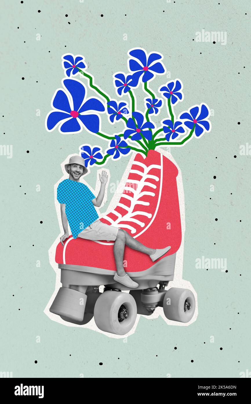 Grafica creativa collage foto di buon umore positivo divertente uomo che si trova a cavallo su rulli ondeggiando la mano isolato su sfondo di colore blu Foto Stock