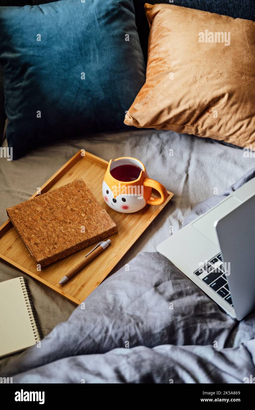 Casa accogliente, autunno caldo umore. Computer portatile, notebook e tazza di tè al vassoio su coperta nel letto all'interno della camera da letto. Accogliente autunno o inverno concetto. Foto Stock