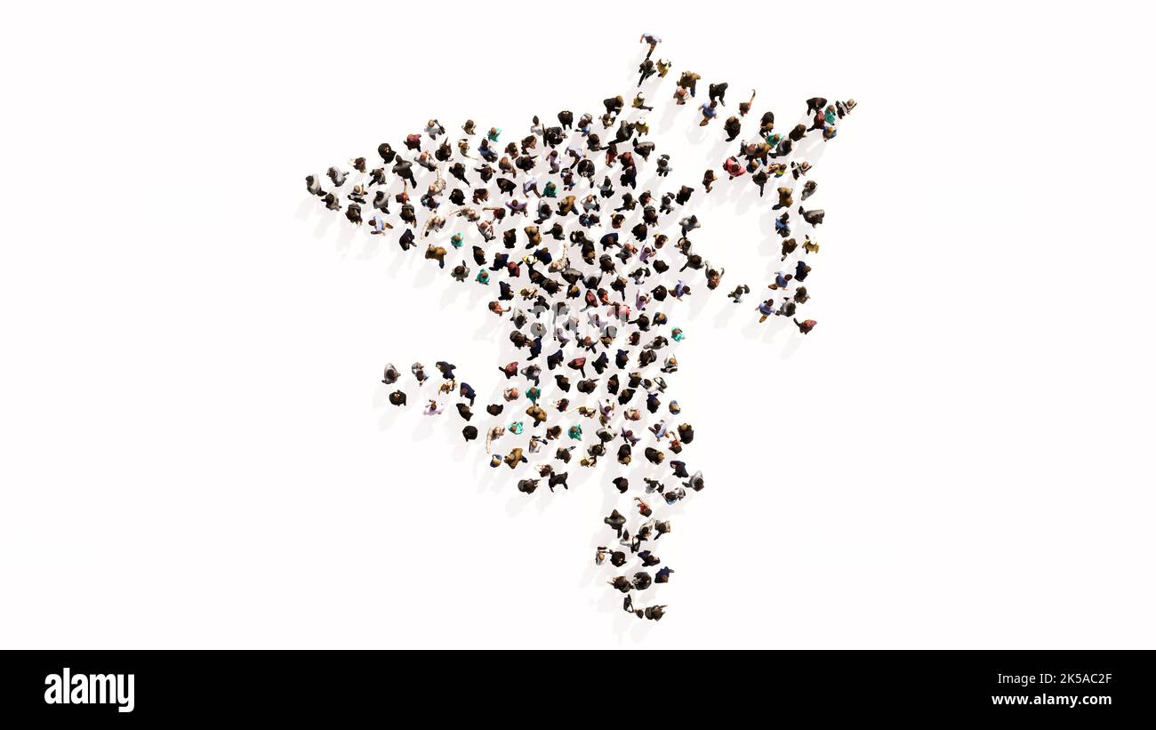 Concetto o concettuale grande riunione di persone che formano l'immagine di bambino Cupido con una freccia su sfondo bianco. Una metafora di illustrazione 3d per lov Foto Stock