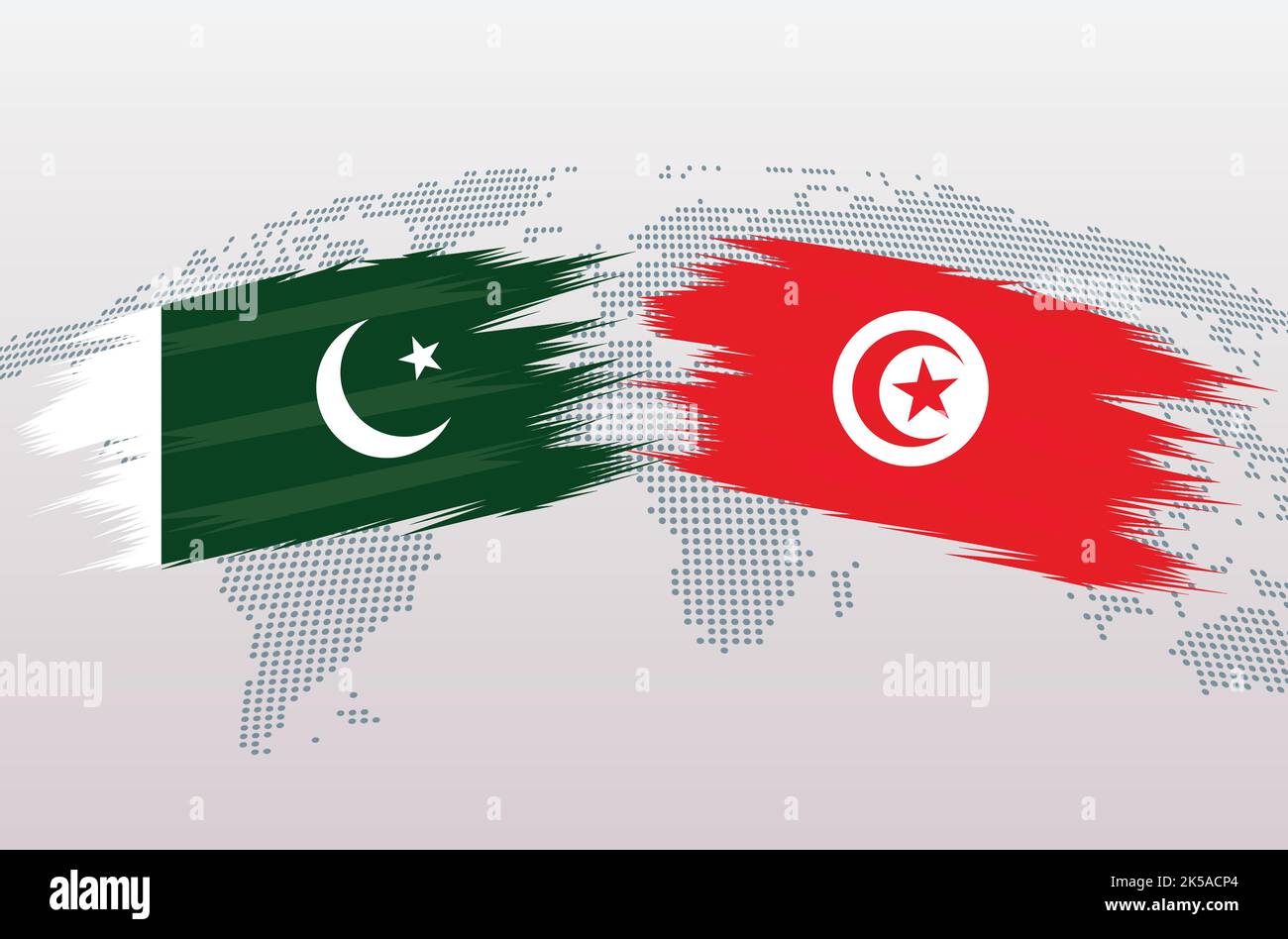 Bandiere Pakistan vs Tunisia. Bandiera della Repubblica islamica del Pakistan e bandiera tunisina, isolata su sfondo grigio della mappa del mondo. Illustrazione vettoriale. Illustrazione Vettoriale