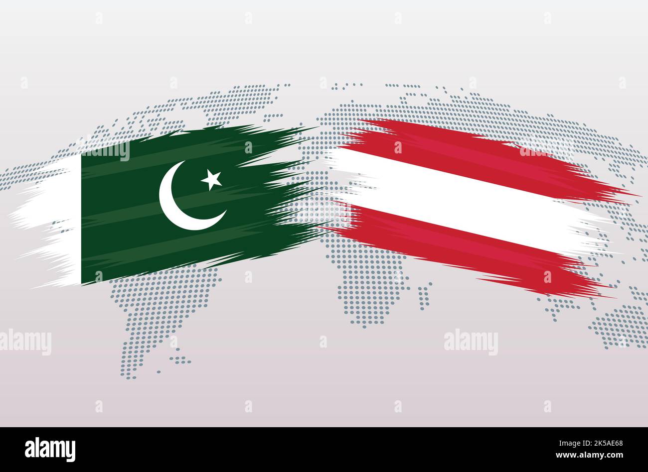 Bandiere Pakistan vs Austria. Bandiere della Repubblica islamica del Pakistan vs Austria, isolate su sfondo grigio della mappa del mondo. Illustrazione vettoriale. Illustrazione Vettoriale