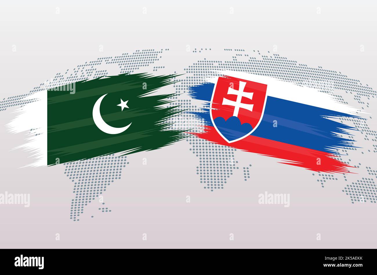 Bandiere Pakistan vs Slovacchia. Bandiere della Repubblica islamica del Pakistan contro Slovacchia, isolate su sfondo grigio della mappa del mondo. Illustrazione vettoriale. Illustrazione Vettoriale